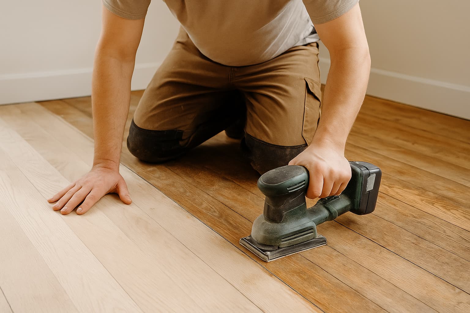 Man sieht einen alten Parkettboden bei dem eine Stück renoviert ist. Der Unterschied ist eindeutig sichtbar.